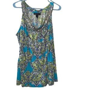 INC Blue & Green Paisley Sequin Neckline Sleeveless Top Womens 2X Rayon